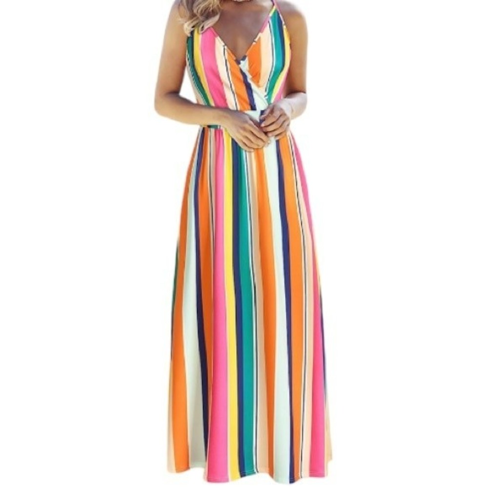 VotePretty Maxi Dress NWT Adjustable Spaghetti Straps, Multicolor Stripe XL